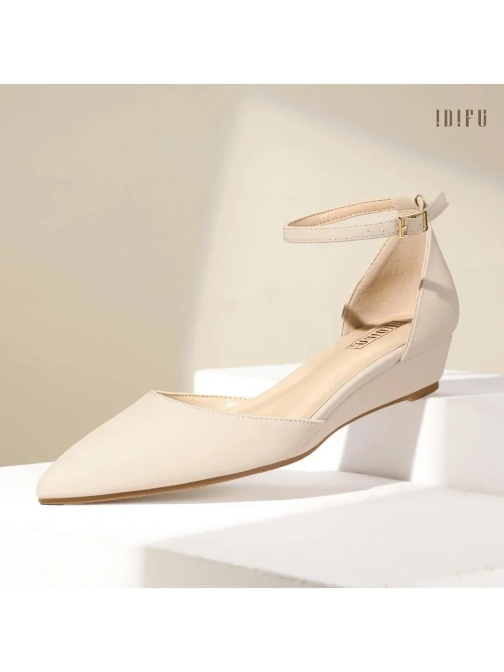 Women Nude Nubuck Low Wedge Flat Closed Pointed Toe Adjustable Ankle Strap Shoes